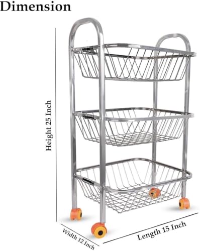 Image of Stainless Steel Fruit & Vegetable Trolley for kichen Fruit Basket Vegetable Basket Onion Potato Rack for Kitchen Stand for Kitchen (03 Layer Trolley)