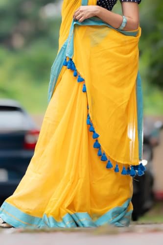 Image of Sudip callection Handloom Mul Cotton Saree for Women - Bottle Green with Pink Border Golden Zari Line & Tassel Pallu