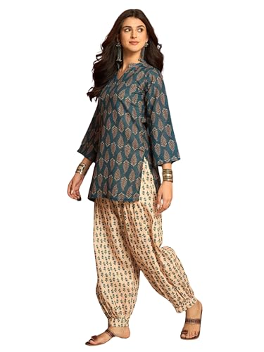 Image of EthnicJunction Women's Linen Floral Print Summer Wear Straight Short Kurti with Afghani Pant Set | Co Ord Set for Women Stylish | Fusion wear Women