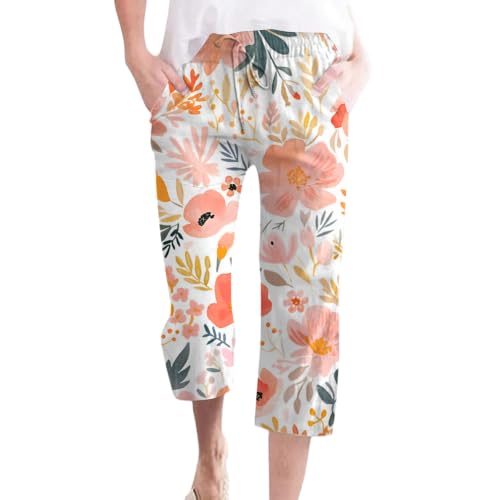 Pantalon d'été 7/8 au motif floral original avec ceinture élastique ajustable unique