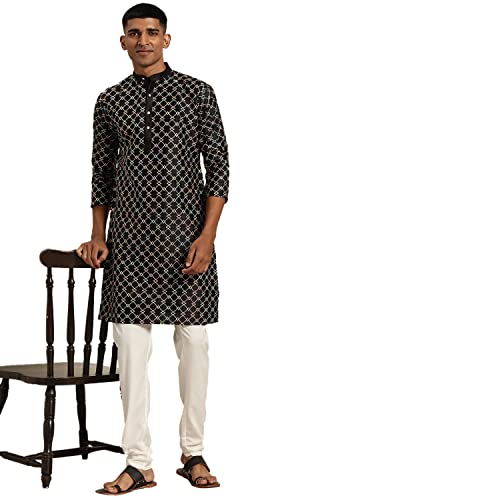 Image of SOJANYA, Men's Silk Blend NavyBlue Kurta with Multi Color Embroidery and Off-White Pyjama