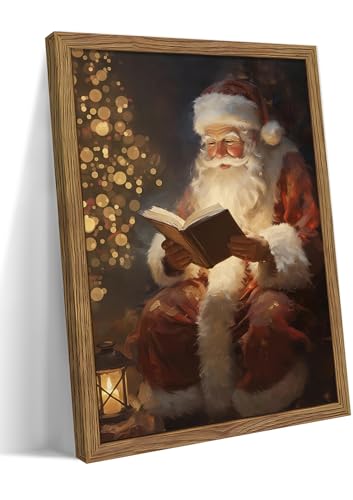 Framed Santa Christmas Wall Art, Vintage Santa Claus Reading Canvas
