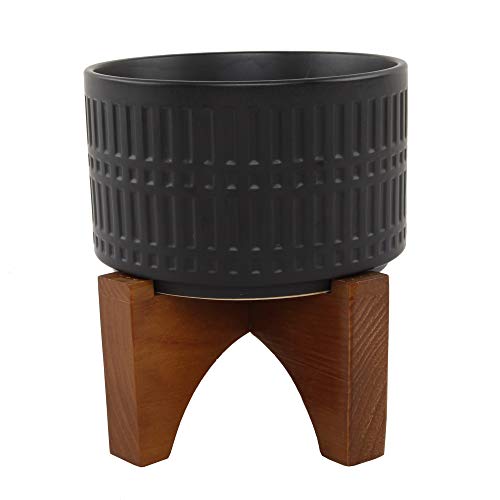 Flora Bunda Mid Century 7 Inch Black Roman Texture Ceramic Planter on Wood Stand Mid-Century, Black Roman 7