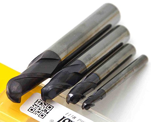Wokesi 2 3 4 5mm Radius,Ball Nose End Mill Set,Pack of 4,Std Length,HRC45,2Flutes,TiAlN Coated,Metric,Solid Carbide,CNC Router Bits Profiling Milling Cutting Tools (R2+R3+R4+R5 HRC45)