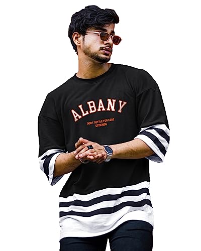 Image of EYEBOGLER Oversized Loose Baggy Fit Drop Shooulder Half Sleeves Cotton Blend Printed T-Shirt for Men