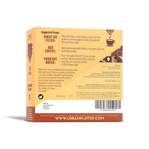 Image of Urban Platter V60 Coffee Filter Paper, Brown, Size 02, 100 Pieces (Unbleached | Ideal for Pour Over Brewing | Biodegradable)