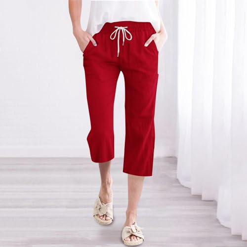 Pedal Pushers for Women Petite Cotton Linen Pants High Waisted Straight Leg Work Shorts Solid Color Beach Pants2