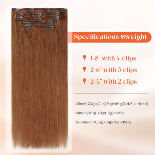 Image of Sunny Hair Clip in Hair Extensions Real Human Hair Copper Orange 12 Inch | Short Hair Extensions Clip Ins, Soft Natral Blend, Silky Soft Texture, Quick Daily Styling For Work & Date Night 85g