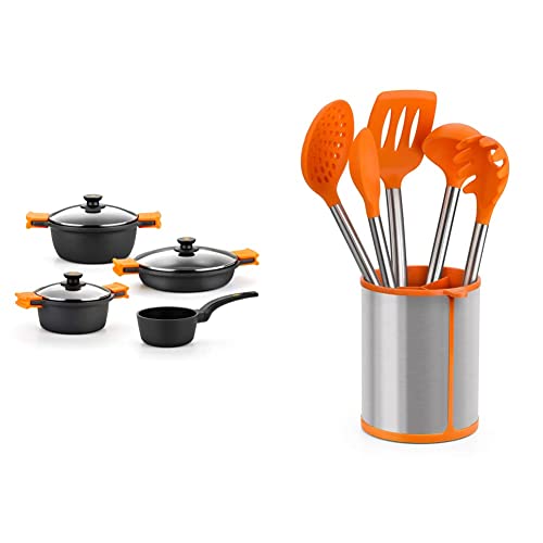 Utensilios De Cocina Bra BRA Efficient - Batería 4 piezas, de aluminio fundido con antiadherente + Conjunto De 5 Utensilios De Cocina Y Carrusel,...