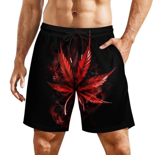 Red Leaf Weed Leaf Men's Swim Trunks Quick Dry Board Shorts Swim Shorts Swimwear with Compression Liner