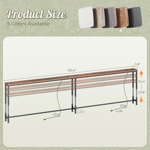Image of Huuger 102.4 Inch Sofa Table with Power Outlets, 23.9''-34.4'' Height Adjustable Range, Behind Couch Table with USB-C Ports, Sofa Tables Narrow Long, Skinny Console Table, Small Spaces, Rustic Brown