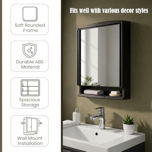 Image of JD FRESH Unbreakable Bathroom Cabinet with Mirror /Wall Mount Mirror Cabinet for Wash Basin /Bathroom Organizer Cabinet /Multipurpose Wall Storage Organizer /Decorative Prime Look (Black)