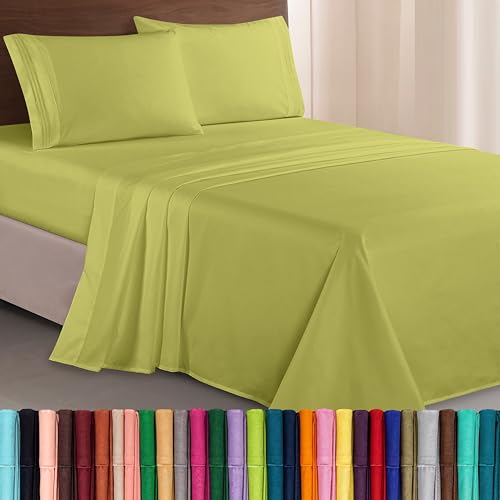 Image of Elegant Comfort Luxurious 1500 Premium Hotel Quality Microfiber Three Line Embroidered Softest 4-Piece Bed Sheet Set, Wrinkle and Fade Resistant, Queen, Pistachio Green