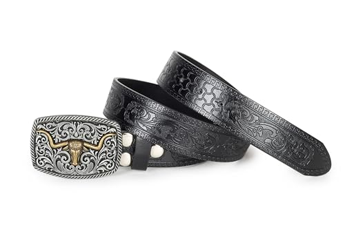 Image of Western-Cowboy-Leather-Belts for Women Turquoise-Oval-Buckle Embossed Belt