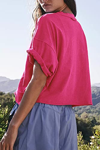 Image of HUGOOME Womens Oversized Workout Crop Top Casual Short Sleeve Boxy Roll Hem | Basic Half Split Sleeve Drop Shoulder Loose Yoga Running Gym Tee Cropped T-shirt Solid Trendy Relaxed Daily Tee
