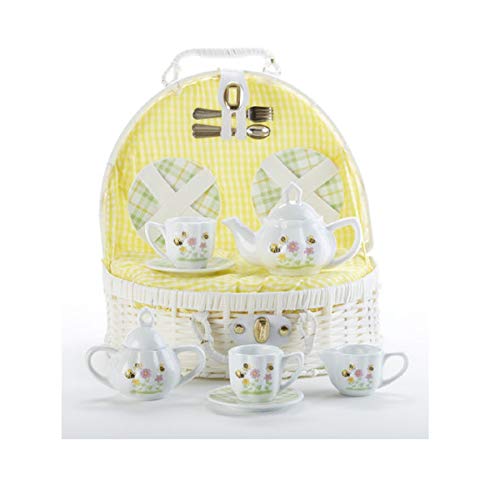 Delton Products Porcelain Bee Buzz Children's Tea Set in White Basket with Yellow