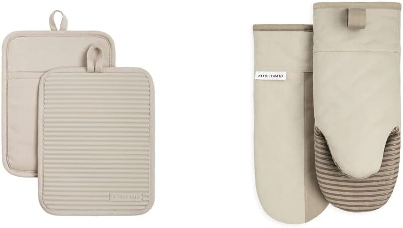 KitchenAid Ribbed Soft Silicone Water Resistant Pot Holder Set, Milkshake, 2 Piece Set & Beacon Non-Slip Oven Mitt Set, Milkshake/Beige, 2 Piece Set