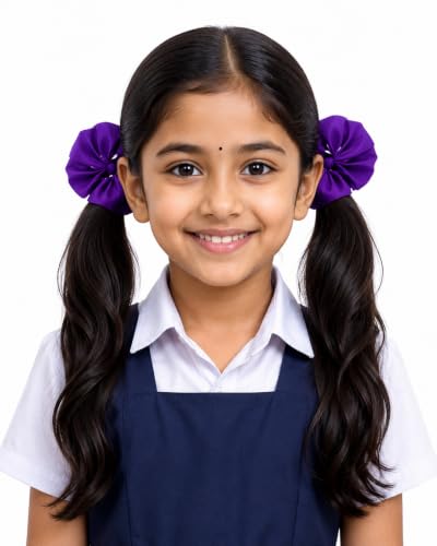 Image of Readymade Ribbon for School Girls - Soft Satin Bow Hair Accessory - Easy to Wear, Stylish & Neat Look - Ideal for School Uniforms bow in girls & Daily Use - Pack of 8 /School Ribbon in Kids / Purple Colour (purple, medium)