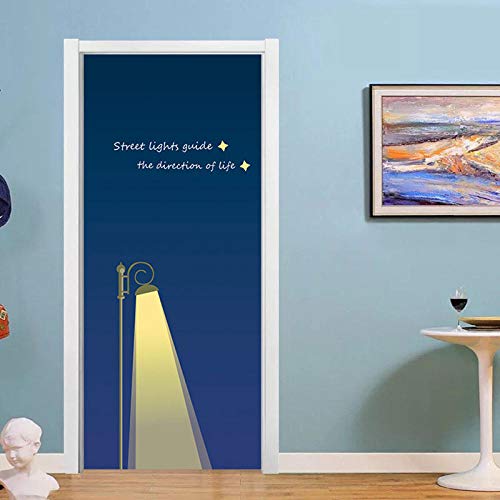 DNFurniture 3D Door Art, Removable Door Decals,Simple Blue Night Street Light 77X200Cm Self-Adhesive Door Mural, Door Sticker for Room Décor, Child Boy Girl Art Door Wall Stickers Mural Wallpaper