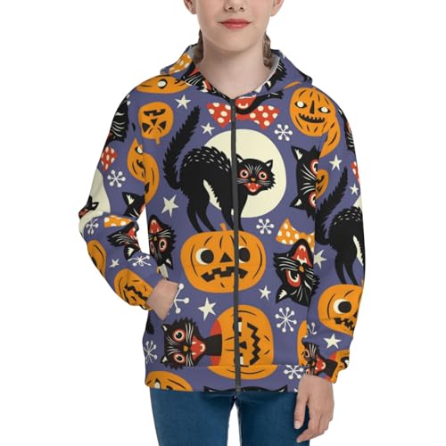 Spooky Cats And Halloween Pumpkins Kid Hoodies Boys Zip Up Sweatshirts Girls Pullover with Pocket3