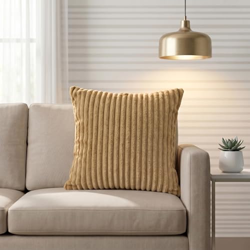 Image of Yellow Weaves Pencil-Stripe Fur Cushion Covers | Soft Polyester | Decorative Sofa & Throw Pillow Covers | 16x16 Inches, Pack of 1 (Golden Brown)