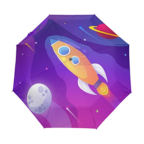 Parapluie pliant coupe-vent automatique fusée spatiale avec protection UV pour enfant et fille