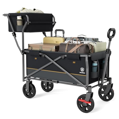 EVER ADVANCED Collapsible Push & Pull Shopping Cart with Wheels & Brakes Foldable Wagon for Groceries with Practical Basket Side Pockets & Cup Holders Beach Utility Rolling Cart for Camping Black