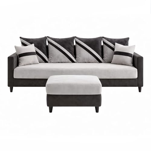 Image of SLEEPIFY Canza 4 Seater Sofa Set with Ottoman (Dark Gray - Light Gray) | Premium Soft Velvet | Plush Comfort Cushions | Modern Living Room Sofa | Spacious Comfortable Seating
