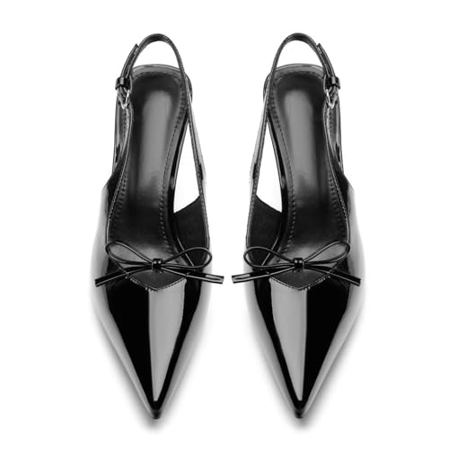 Slingback Heels for Women Bow Kitten Heels Stilettos Pumps Pointed Toe Black
