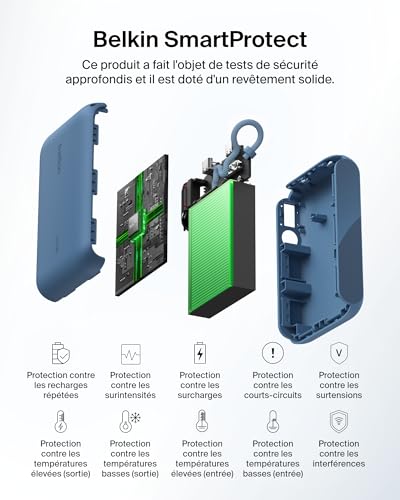 Belkin Batterie Externe 10000mah, Power Bank Charge Rapide avec 2 Ports USB-C (Chargeur Portable, écran, 20 W, pour l'iPhone 16 et 15, Samsung Galaxy S25 et S24, Pixel 9, iPad, etc., Bleu)