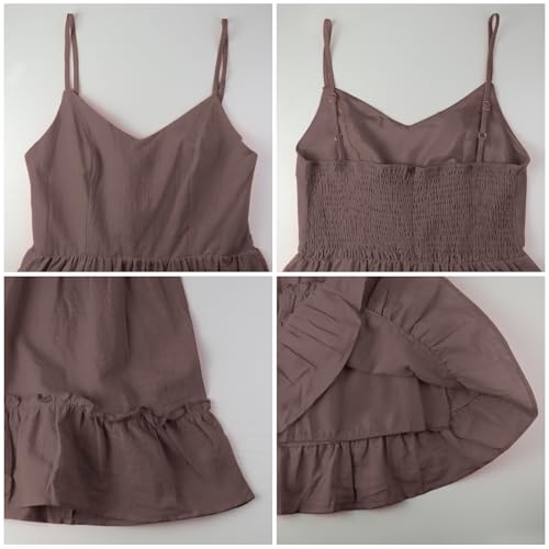 Image of FANCYINN Women Floral Casual Tiered Mini Dresses Spaghetti Strap V Neck Backless A Line Swing Short Dress with Pockets