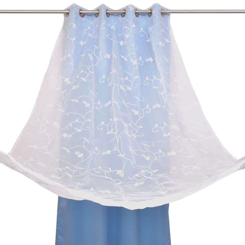 Image of 2 in 1 Embroidery Transparent Polyester Door Curtain with 80% Blackout Set of 2 Pieces(9 Feet, White Embroidery+Sky Blackout)