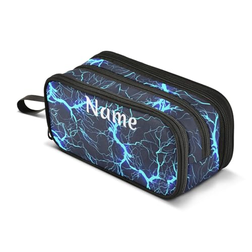 Image of Custom Dark Blue Electric Lightning Pencil Case Box Boys Girls Personalized Name Large Pencil Pouch Stationery Pen Bag Organizer for Kids Adults School Office