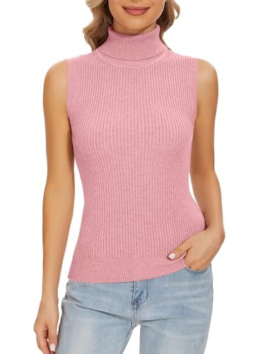 Biffxeu Pink Sleeveless Turtlenecks for Women Mock Turtleneck Sleeveless Sweater Vest Knit Tops L