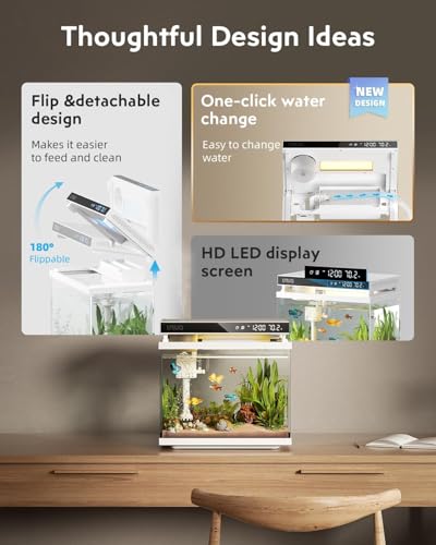 Image of Fish Tank Smart Aquarium Kit: 2 Gal UHD Glass Silent Water Pump Self Cleaning System Temperature Monitoring Essential Oil Diffuser with Humidifier 7 Color Lights Multi-Layer Filtration System - White