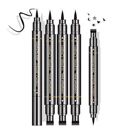 Double-Ended Eyeliner Stamp Pen - Waterproof Long Lasting Eye Decoration Cosmetic Black Eyeliner Pencil (Heart/pentagram/triangle/moon/flower Shape Stamp Pen, 5 Styles/Set)