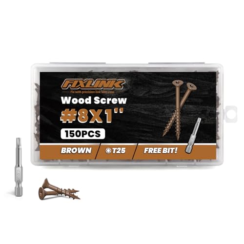 Image of Wood Screws 1 Inch, FIXLINK Deck Screws #8 x 1, 150 PCS, Epoxy Coated, T25 Star Bit Above 1500 Hour Salt Spray Coating Outdoor Decking Screws Excellent Rust Resistant for Wood Fence, Brown