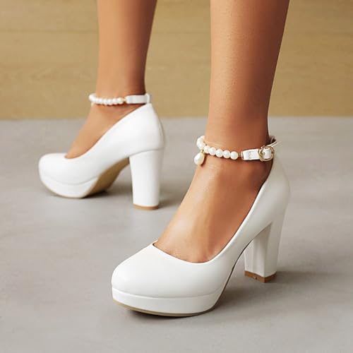 Women's Chunky High Heels Pearls Ankle Strap Pumps Shoes Round Toe Platform Elegant Mary Jane Dress Shoe3