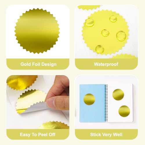Anwyll Embossing Stickers 300Pcs 2'' Gold Foil Seals Stickers for Certificates Self Adhesive Envelope Seal Label Sticker with Serrated Edge Blank Embosser Stamp Sticker for Book Invitation Notary Seal
