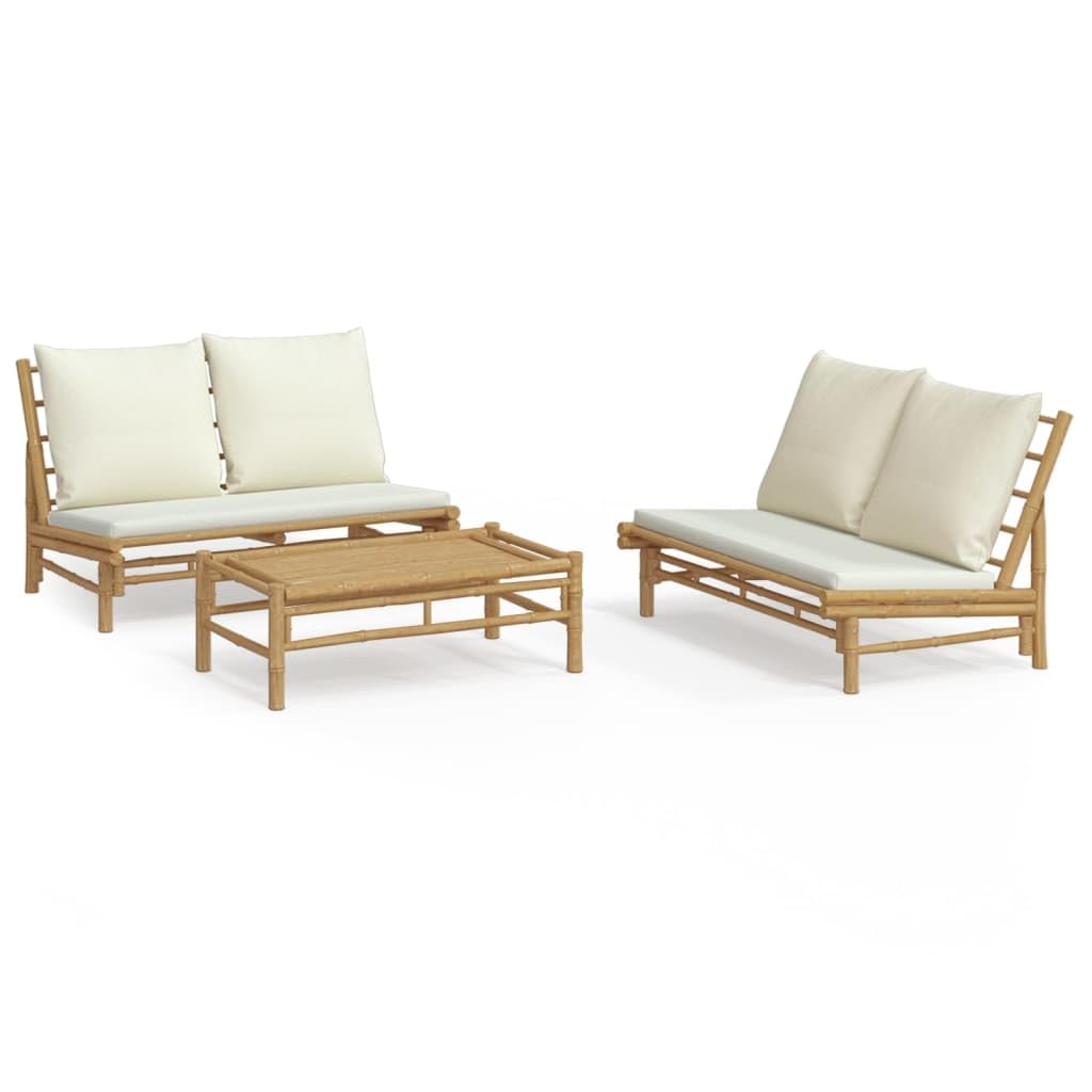 Juego de 3 muebles de jardín de bambú con mesa y cojines, sofá de jardín modular con respaldo para hasta 110 kg por asiento, acolchado de color crema para mayor comodidad al aire libre