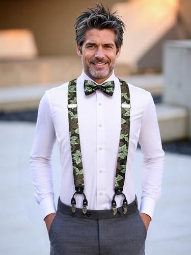 Image of Hi-Tie Suspender Bowtie Green Brown for Men Adjustable Y-Shape 6 Clips Trouser Braces Pre-Tied Bow Tie with Handkerchief Cufflinks