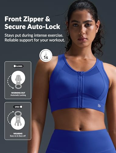Image of Yvette Women's Sports Bra Front Zipper High Impact Support Mesh Racerback | Plus Size Friendly,Sewn-in Pads Stay Put,Wirefree & Supportive,Breathable,Secure Zip Closure,For Large Bust,Running,Gym,HIIT