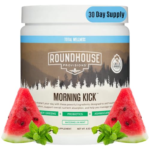 Image of ROUNDHOUSE PROVISION Morning Kick Greens, Watermelon Mint, 30 Servings | Greens Superfood Powder for Gut Health, Sugar Free, Caffeine Free, Ashwagandha, Collagen Peptides, Probiotics, Chuck Norris