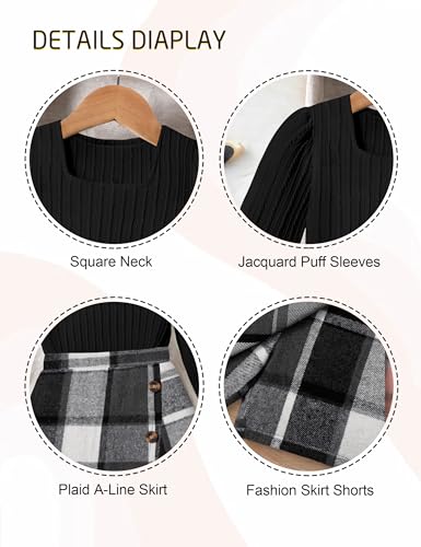 Image of AGAPENG Girl Skirt Sets 3 Piece Outfits Square Neck Jacquard Puff Sleeve Tops Plaid Mini Skirt Shorts Fall Winter Clothes