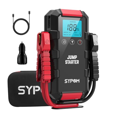 SYPOM Arrancador de batería de coche, 6000 A, arrancador de emergencia (hasta gas y 12,0 l diésel), 12 V Starter batería con linterna LED, Booster de arranque para coche