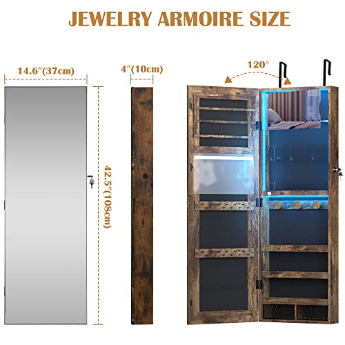 Image of Vlsrka Mirror Jewelry Cabinet with 3 LED Lights, Wall /Door Mounted Jewelry Armoire Organizer with Full Length Mirror Large Capacity Storage Hanging Cabinet, Built-in Lighted & Movable Makeup Mirror