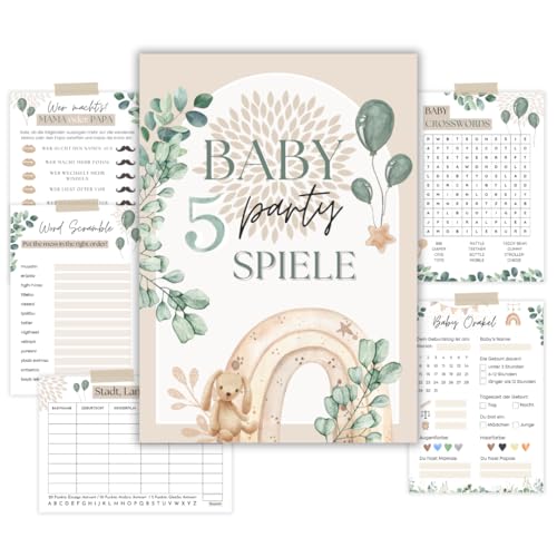 Babyparty Spiele Set, 5 lustige Babyshower Spiele (12 Faltblätter), Babyparty Geschenk, Babyshower Spielkarten neutral, Baby Orakel