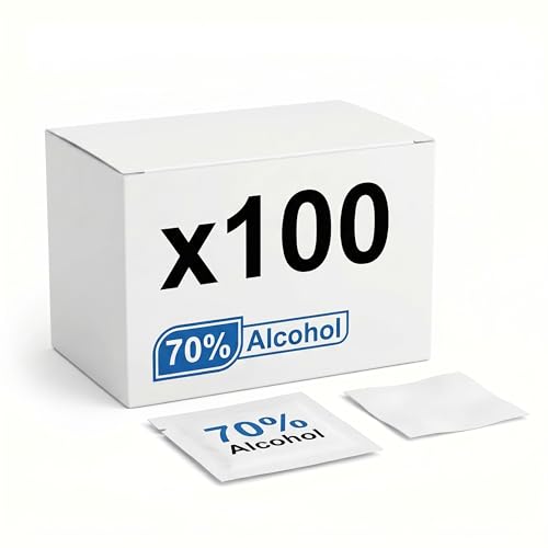 KMINA Toallita con Alcohol 70% (100 unidades) 60 x 60 mm, Monouso, Lista para Usar, Sin Látex, Envase Individual para Limpieza Tópica de la Piel y la Zona Deseada