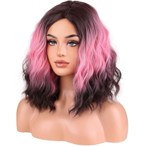 Image of BERON Hot Pink Ombre Brown Wigs Short Curly Wave Wigs for Women and Girls Shoulder Length Wavy Heat Resistant Synthetic Wig Cosplay Costume Party or Daily
