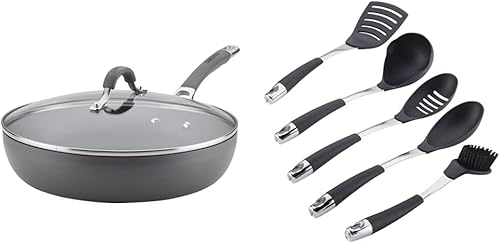 Circulon Radiance - Sartén anodizada dura y antiadherente, sartén anodizada dura con tapa, 12 pulgadas, gris y Harmony, juego de utensilios de